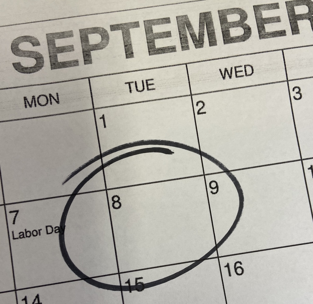 September 2020 calendar with the 8th circled